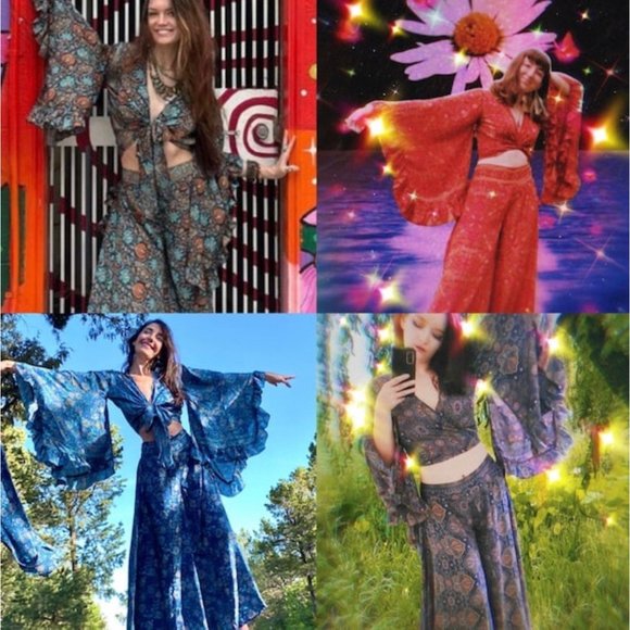 70s 2 Piece Set Bell Sleeve Wrap Pants with Super Bell Blue Choose xs to 5x 70% - Picture 2 of 10